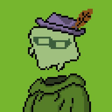 A pixel art character with a purple hat and sunglasses against a bright green background, wearing a green outfit.
