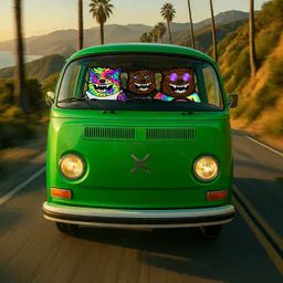 Digital artwork of a green vintage Volkswagen van driving on a scenic mountain road with palm trees, featuring colorful cartoon characters visible through the windshield.