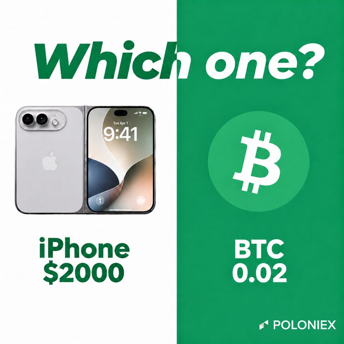 A comparison graphic asking "Which one?" between an iPhone ($2000) and BTC (0.02), branded with the Poloniex exchange logo.