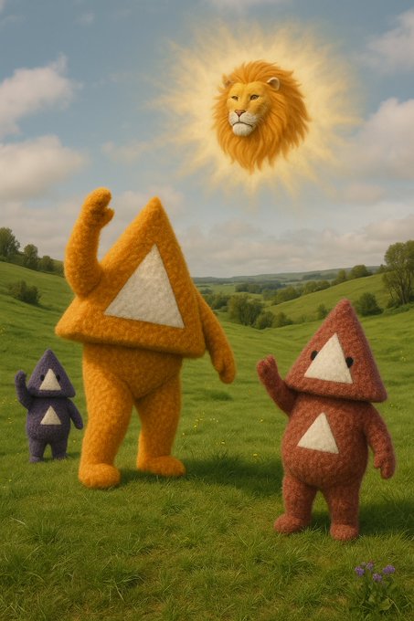 Three triangular, fuzzy creatures in yellow, purple, and red stand in a green field waving at a radiant lion's head floating in the sky above them.