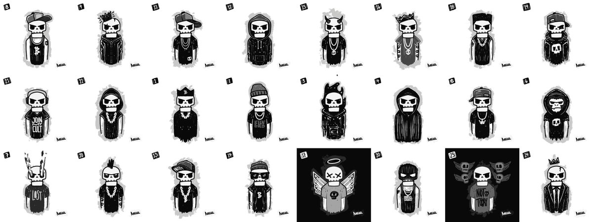 A collection of 25 black-and-white pixel art skull character designs with various streetwear styles (hoodies, caps, wings), each numbered and signed, including phrases like 'JOIN OUR CLUB', 'NOT TODAY', and 'LOST'.