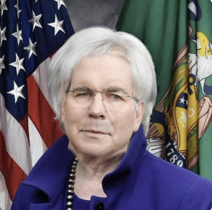 An official portrait of Janet Yellen, identifiable by the U.S. flag and Department of the Treasury seal (showing "1780") in the background, wearing a blue coat and pearl necklace. The image relates to the accompanying post, which references her under the nickname "Bad Gurl Yellen" while criticizing her and Scott Bessent ("Buffalo Bill Bessent") for their stances on cryptocurrency.