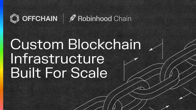 A dark promotional graphic with logos for Offchain and Robinhood Chain alongside the headline "Custom Blockchain Infrastructure Built For Scale," featuring decorative chain links and arrows, visually summarizing the partnership in which Offchain provided strategic and technical blockchain infrastructure support to launch tokenized assets on Arbitrum.