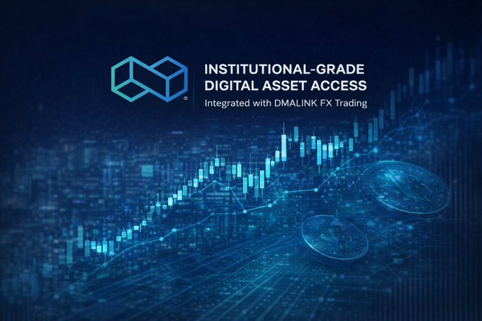 A promotional graphic for a digital asset trading platform with text reading 'INSTITUTIONAL-GRADE DIGITAL ASSET ACCESS' integrated with DMALINK FX Trading.