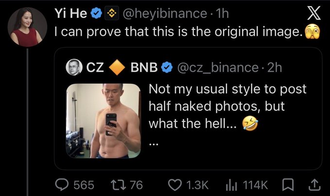 Binance co-founder Yi He responds to CZ's shocking shirtless mirror selfie tweet by claiming she can prove it's the original image, in a playful jab at his uncharacteristic "half naked" post that sparked viral discussion.