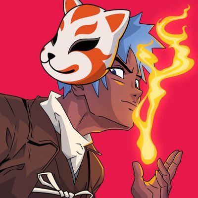 An anime-style illustration of a character wearing a fox mask pushed up on his forehead, with blue hair and a red background, holding a flame in his hand.