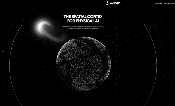 A dark, space-themed website banner for 'VANGID' featuring the headline 'THE SPATIAL CORTEX FOR PHYSICAL AI' with a tagline about sovereign data and an image of Earth and a crescent moon.