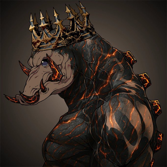 A digital illustration of a muscular, dark-scaled creature with glowing orange cracks resembling molten lava, wearing a spiked golden crown.
