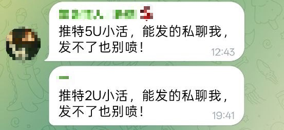 A chat screenshot with messages in Chinese asking people to private message for '推特5U' and '推特2U' small activities, with one username blurred out.