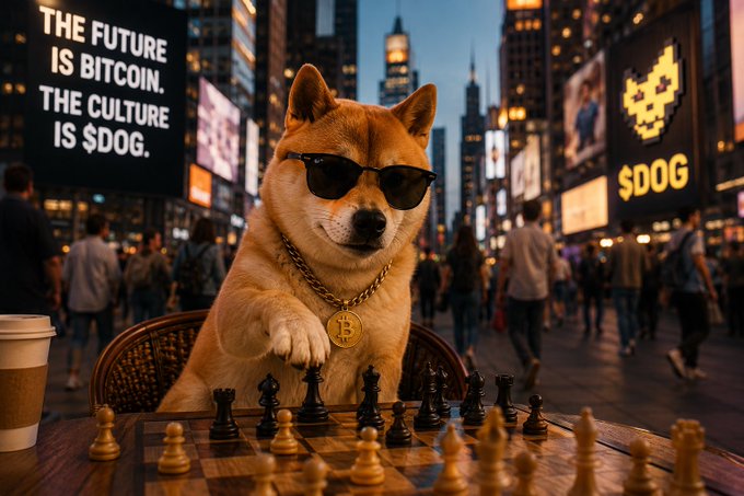 An AI-generated image of a Shiba Inu dog wearing sunglasses and a Bitcoin medallion, playing chess on a city street with signs reading "THE FUTURE IS BITCOIN. THE CULTURE IS $DOG."