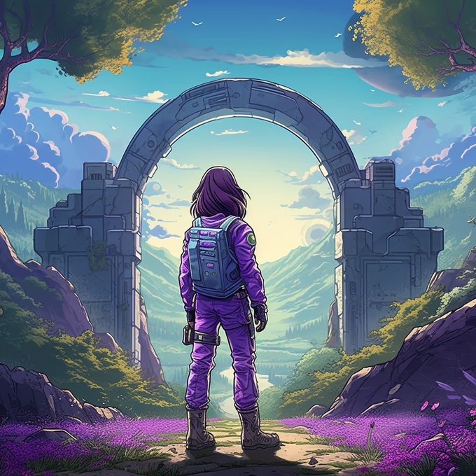 An anime-style illustration of a character with purple hair and a backpack, standing before an ancient stone archway that overlooks a mountainous landscape with a field of purple flowers in the foreground.