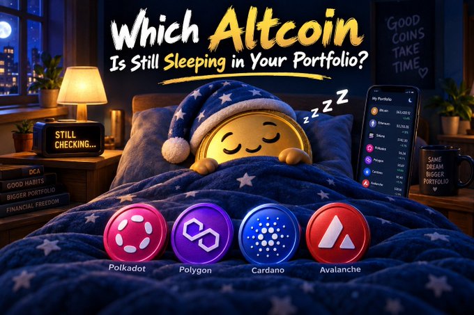 A cozy bedroom scene showing a sleeping gold coin character under a star-patterned blanket, with the headline 'Which Altcoin Is Still Sleeping in Your Portfolio?' Below are four altcoin logos labeled Polkadot, Polygon, Cardano, and Avalanche, with a phone displaying portfolio data and a clock reading 'STILL CHECKING...'