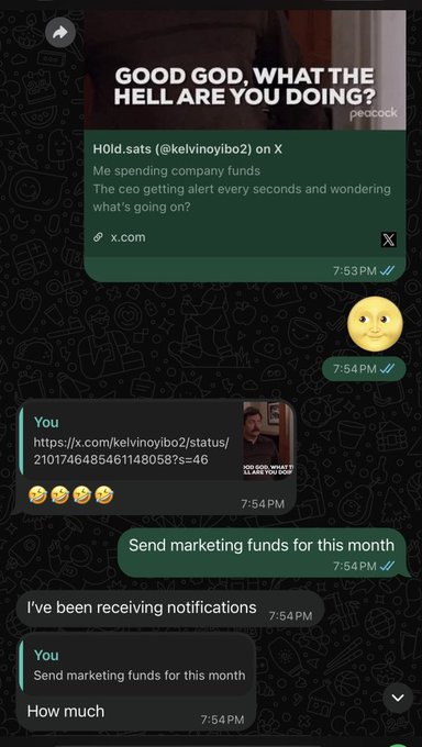 The screenshot shows a WhatsApp chat where someone shares a post by @kelvinoyibo2 titled "GOOD GOD, WHAT THE HELL ARE YOU DOING?" about spending company funds, with the recipient responding "Send marketing funds for this month" and asking "How much." The accompanying post promotes OTC giveaways, contrasting the celebratory tone of "loading money" with the visible chat suggesting someone is humorously (or seriously) requesting marketing funds from a CEO.