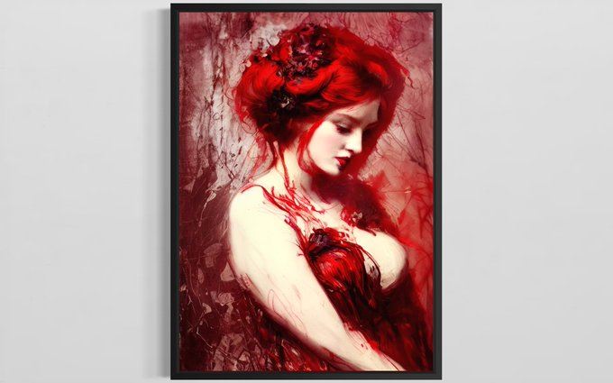 The image features a woman with red hair, dressed in a red dress or outfit, standing against a white background. The photo has been edited to give it an artistic appearance, with red splatters and stains all over her face and body. The caption below the image reads "It's that day of the week! You can find Red and my other beauties on objkt." This suggests that the woman is wearing a unique and eye-catching outfit or dress, possibly inspired by the Red hair theme.