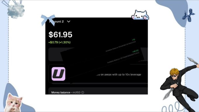 The image shows a crypto trading account screenshot displaying a balance of $61.95 with a gain of +$0.79 (+1.30%) and a message about perps with up to 10x leverage, decorated with anime characters, a cat, and dragonfly stickers, matching the post's cheerful tone about celebrating a small web3 earnings win.