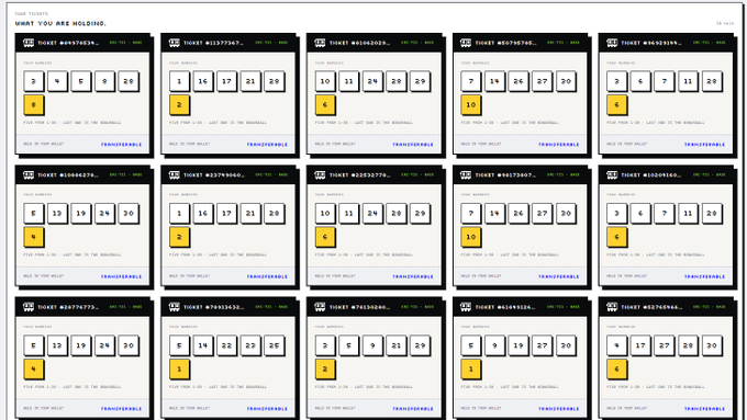 A dashboard view titled 'WHAT YOU ARE HOLDING' displaying a grid of twelve TronSparkTickets, each showing ticket numbers, the user's selected number in yellow, and a 'TRANSFERABLE' status.
