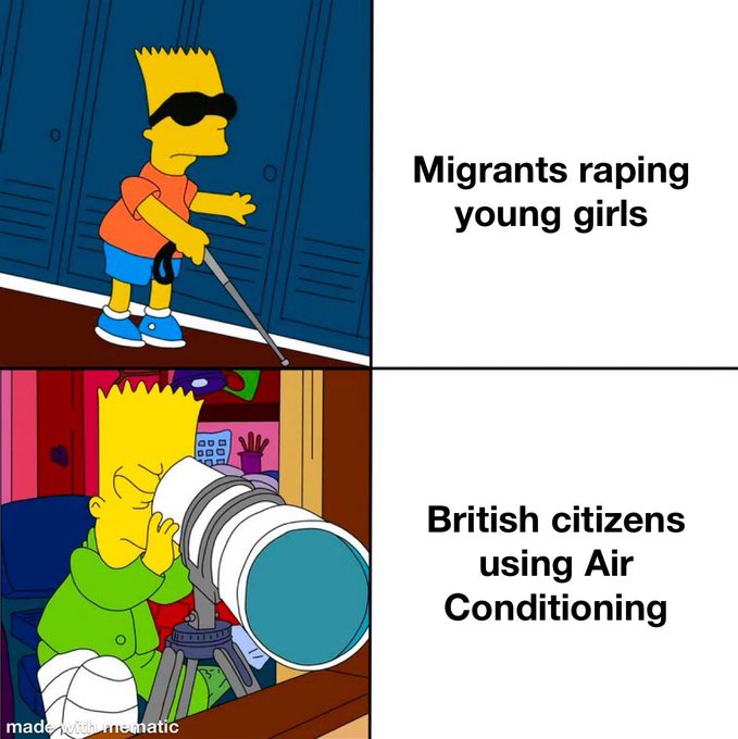 A four-panel meme using The Simpsons characters: Bart wearing sunglasses is labeled 'Migrants raping young girls,' while Bart looking through a telescope is labeled 'British citizens using Air Conditioning.'
