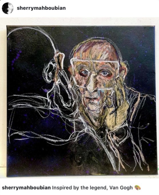 An Instagram post by sherrymahboubian featuring an expressive self-portrait painting of a bald man with glasses, captioned 'Inspired by the legend, Van Gogh.'