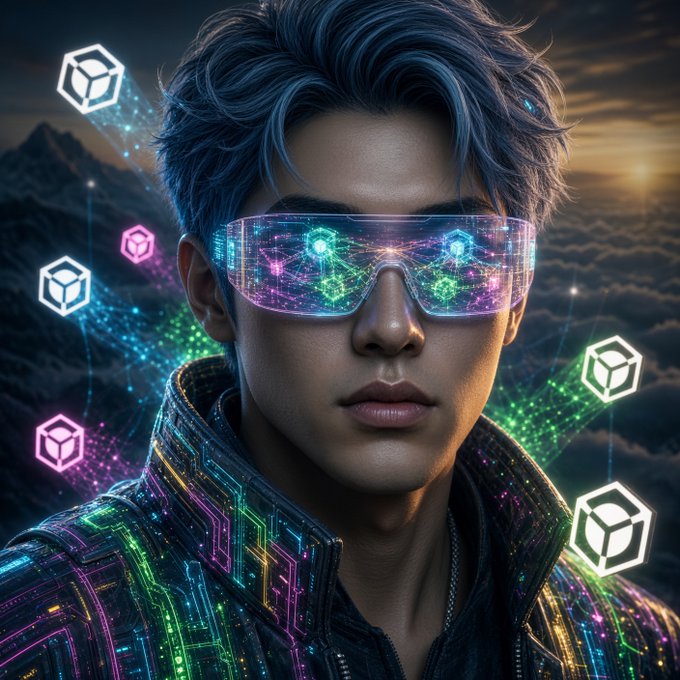 A young person with dark hair wears high-tech AR glasses displaying neon data visualizations and floating holographic cubes, set against a dramatic twilight mountain skyline that evokes a futuristic, cybernetic atmosphere. The image visually reinforces the post's theme of using on-chain history and posting activity as alternatives to traditional, task-based project access—mirroring the AI's analytical, data-driven "vision" of a user's digital footprint.