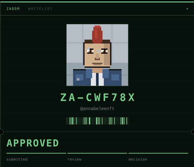 A digital 'ZADDR WHITELIST' approval screen displays a pixelated character with a red mohawk, labeled 'ZA-CWF78X' by '@annabeleenft' and marked 'APPROVED'.