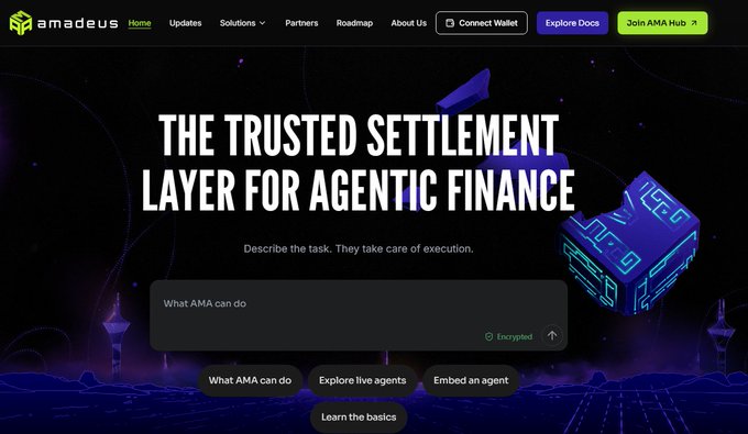 Website homepage for 'Amadeus' featuring the tagline 'The Trusted Settlement Layer for Agentic Finance' with a prompt to 'Describe the task. They take care of execution,' and menu options including Home, Updates, Solutions, Partners, Roadmap, and About Us.