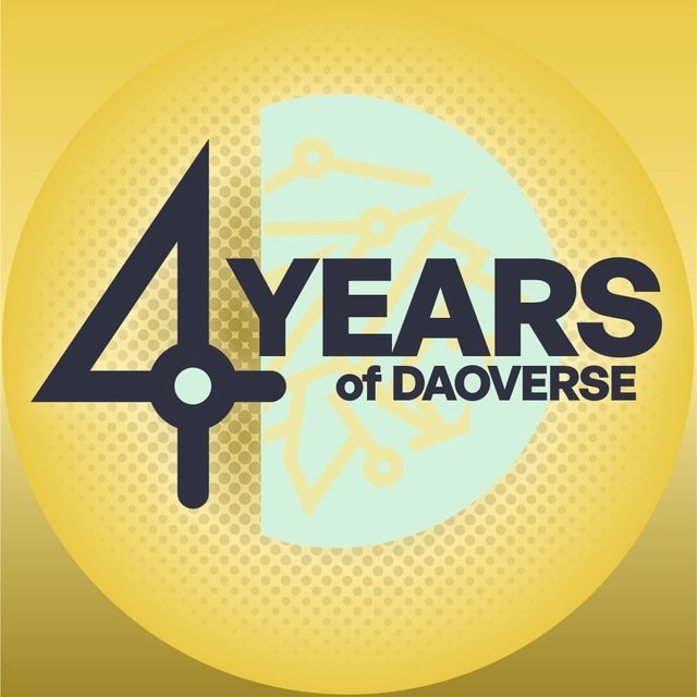 A celebratory graphic for '4 YEARS of DAOVERSE' featuring a large stylized number 4 with rocket and circuit motifs on a yellow background.