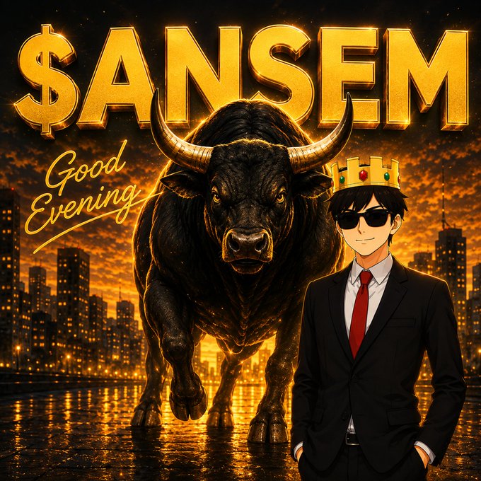 A stylized graphic featuring the text "$ANSEM Good Evening" in golden letters, depicting a large black bull and an anime-style man wearing a suit, sunglasses, and a gold crown against a glowing orange cityscape at night.