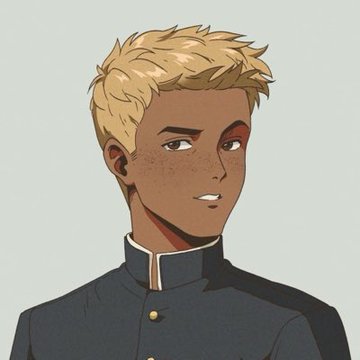 An anime-style illustration of a young man with messy blonde hair, freckles, and a dark high-collared uniform.