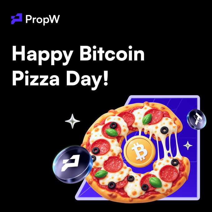 A pizza with red sauce, cheese, and green basil is surrounded by four coins, two of which are Bitcoin symbols, celebrating a Pizza Day.