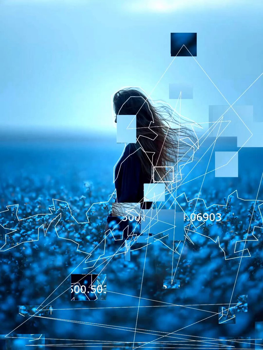 The image features a woman with long hair standing in front of a field, wearing a black jacket. The background consists of blue lines that create an abstract pattern, giving the impression of a digital art piece or a collage. The text "GM None of these works have found a home yet A little reminder that sometimes beautiful things stay unnoticed before finding the right collector at the right moment." is present in the image as well.