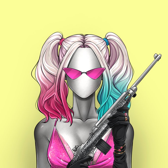 A stylized illustration of a faceless female figure with pink and blue pigtails, wearing pink sunglasses and a pink top, holding a rifle with an ornate silver design against a yellow background.