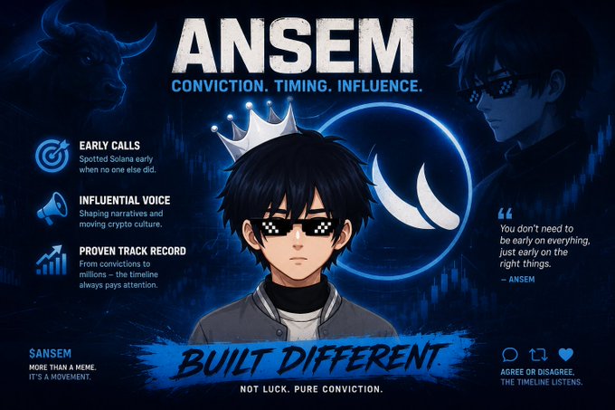 A promotional graphic titled 'ANSEM: CONVICTION. TIMING. INFLUENCE.' featuring an anime-style character with pixel sunglasses and a crown, with bullet points like 'EARLY CALLS' and 'INFLUENTIAL VOICE' alongside the tagline 'BUILT DIFFERENT'.