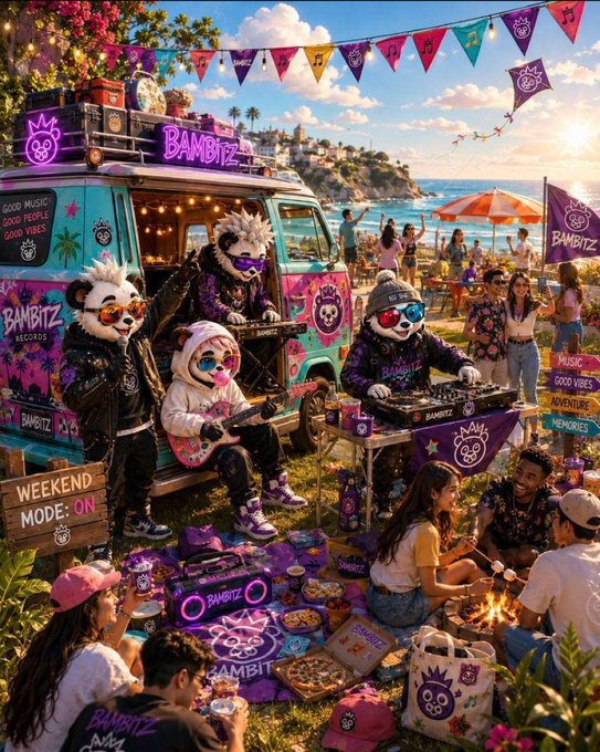 A vibrant AI-generated illustration of a "Bambitz Records" beach party featuring panda characters DJing, people dancing, and merchandise scattered around.