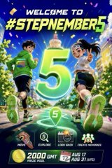 A promotional poster for '#STEPN MEMBER5' event featuring animated runners, with dates June 17 and August 31, 2023, and prize details for a 2,000 GMT lucky draw.