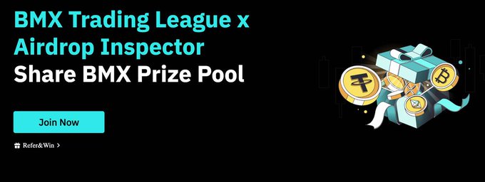 The image features a banner for an event related to Bitcoin trading, specifically BMX Trading League x Airdrop Inspector Share BBMX Prize Pool. The banner includes a picture of Bitcoins and a gift box with a ribbon, which are symbols associated with Bitcoin transactions. The text on the banner encourages users to join the event by clicking on the "Join Now" button located at the bottom right corner of the image.