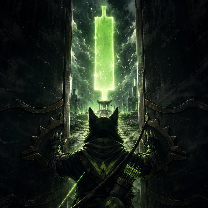 A dark fantasy digital artwork showing a hooded figure with pointed ears opening large doors to reveal a glowing green crystal sword.