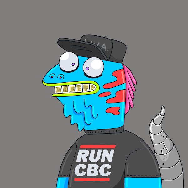 A colorful cartoon mascot features a blue dragon-like head, wide eyes, gold teeth, pink feathers, a black 'I...A.' cap, and a black shirt reading 'RUN CBC'.