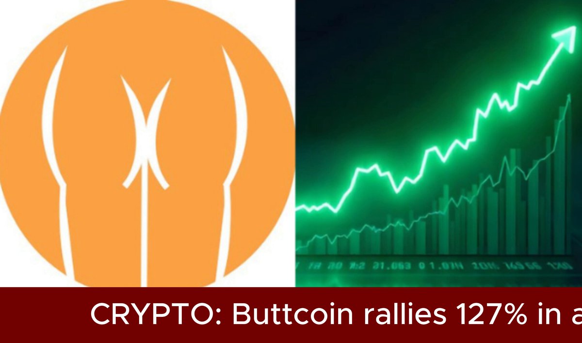 The image shows two meme-like pictures that are related to cryptocurrency, particularly Bitcoin. One image depicts a meme featuring an orange circle with crossed Xs and a green line indicating a market trend upwards over time for Buttons. The other image includes a graphic of a person with two butts and a green arrow, accompanied by the text "Crypto: Buttcoin rallies 127% in a week." This seems to be a humorous reference to the Bitcoin meme that shows its value increasing compared to traditional investment options like Buttons or cryptocurrencies called Buttons. The post also includes information about the current market trend of Buttons compared to Bitcoin.