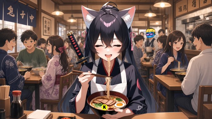 An anime-style illustration of a black-haired cat girl with a katana on her back happily eating ramen with chopsticks in a bustling traditional Japanese restaurant, with a small yellow emoji edited onto the scene.