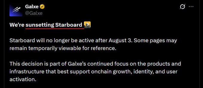 A tweet from Galxe (@Galxe) announcing that they are sunsetting Starboard, which will no longer be active after August 3, as part of their focus on onchain growth, identity, and user activation.