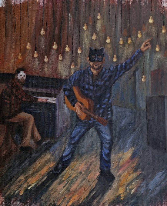 A painting depicts a man in a black mask and plaid shirt playing guitar while pointing upward, with another masked man playing piano in the background.