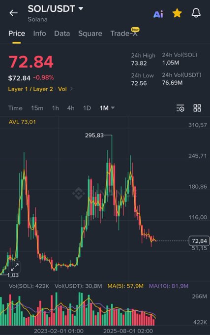 A Binance trading chart shows Solana (SOL/USDT) trading at $72.84, down 0.98%, with a 1-month candlestick view revealing a steep decline from a peak of $295.83 to a low of $51.15—visually illustrating the post's claim of 10 consecutive red monthly candles.