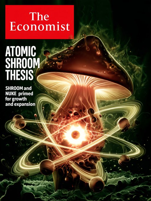 A cover of The Economist magazine featuring a mushroom merged with an atom, displaying the headline "ATOMIC SHROOM THESIS" and subtitle "SHROOM and NUKE primed for growth and expansion," visually tying together the $SHROOM and $NUKE crypto tickers mentioned in the post.