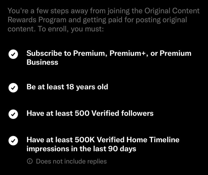 The image displays the eligibility requirements for X's (formerly Twitter) new Original Content Rewards Program, listing four criteria: subscribing to Premium, Premium+, or Premium Business, being at least 18 years old, having at least 500 Verified followers, and accumulating at least 500K Verified Home Timeline impressions in the last 90 days. The user is confirming they've met these requirements, sharing that X has already paid them $20,000 since January 2026, and expressing curiosity about how much the new creator program will pay out.