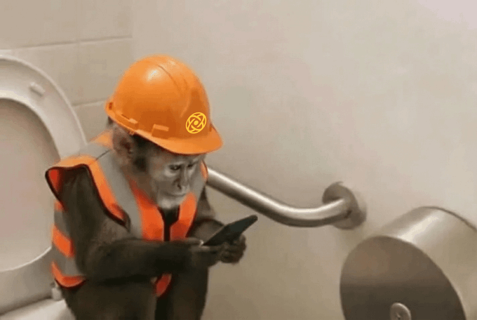 A monkey wearing an orange hard hat with a logo and an orange high-visibility vest is looking down at a smartphone in a bathroom with grab bars.