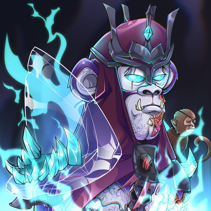 The image depicts a fearsome undead primate king, likely a zombie-themed gorilla or ape, wearing ornate purple and crimson armor with glowing cyan energy emanating from its clawed hand and crown, accompanied by a small monkey perched on its shoulder. The artwork aligns with the post's title "The Undead Primal King," serving as the artist's 4th entry for the @PrimalsNFT art contest, capturing the dark, spectral aesthetic of the Undead faction within the Primals NFT collection.