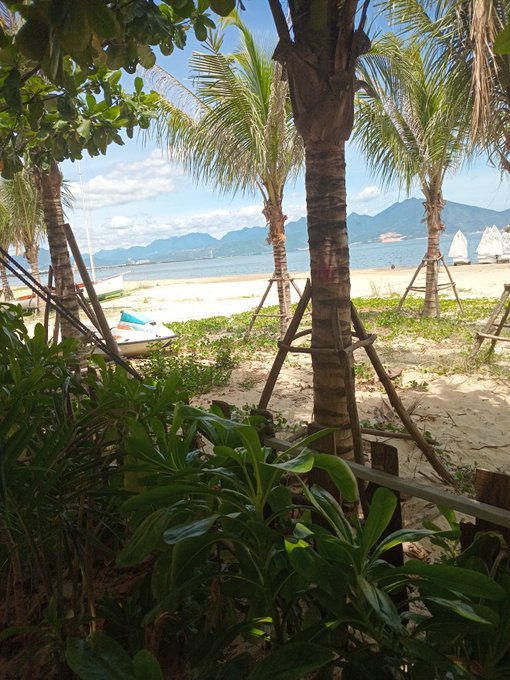 Tropical beach scene with palm trees, sandy shore, jet ski, boats on the water, and mountains in the distance under a partly cloudy sky.