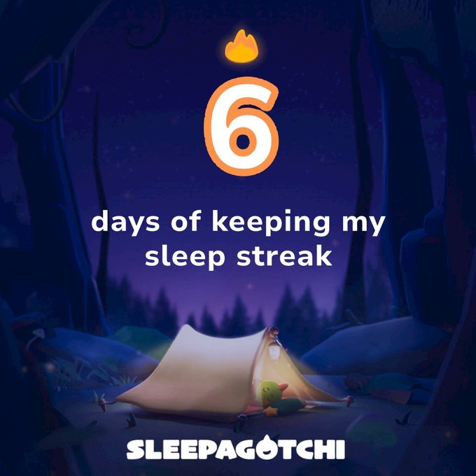 A promotional graphic for 'Sleepagotchi' displaying a large '6' with a flame icon and text reading 'days of keeping my sleep streak' above an illustration of a tent in a dark forest.