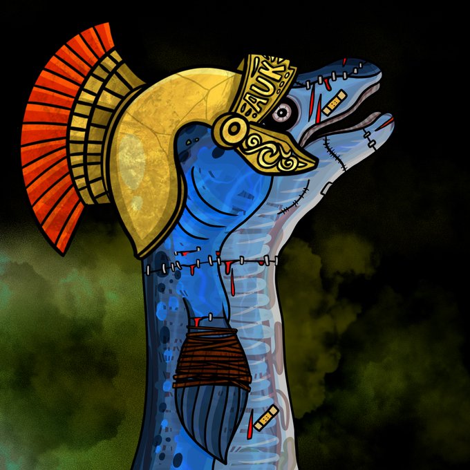 A stylized digital illustration of a blue, stitched-together creature resembling a sauropod dinosaur wearing a golden gladiator helmet with a red plume and the word 'SALK' on the side, set against a dark, smoky green background.