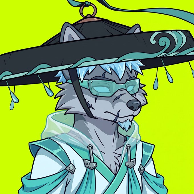 A digital illustration of an anthropomorphic gray wolf or husky character wearing a large black and teal hat, cyan sunglasses, and a white and teal outfit against a bright yellow background.